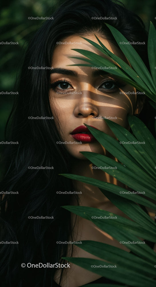 Portrait of a Woman with Dark Hair and Red Lips Among Tropical Leaves