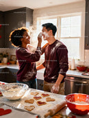 Couple Playfully Baking Heart Cookies in Sunny Kitchen