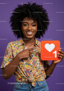 Happy Woman Holding Social Media Like Icon with Bright Colorful Clothing