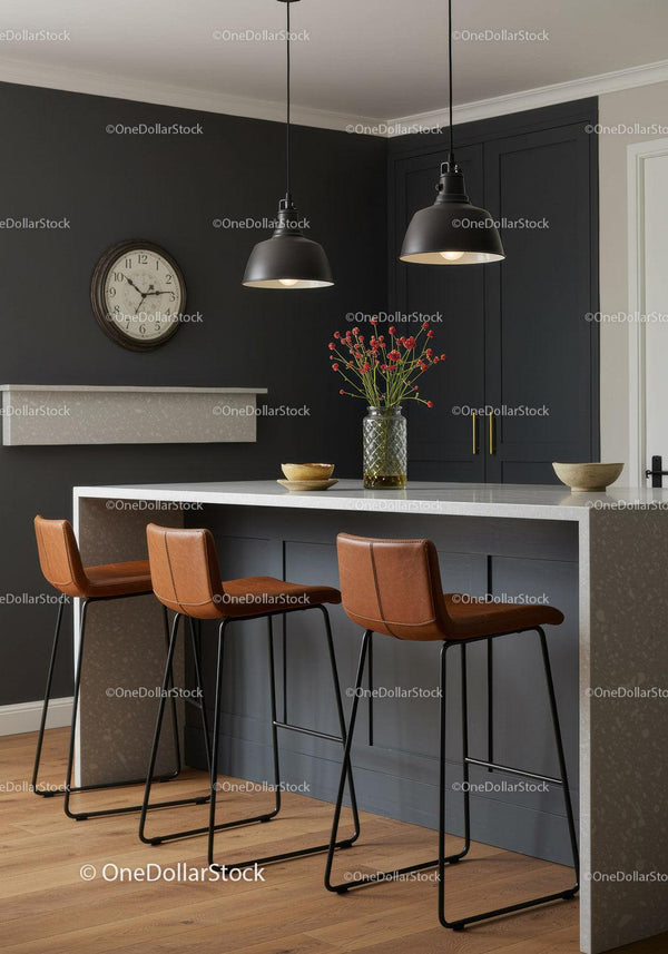 Modern Kitchen with Dark Cabinets and Seating Area