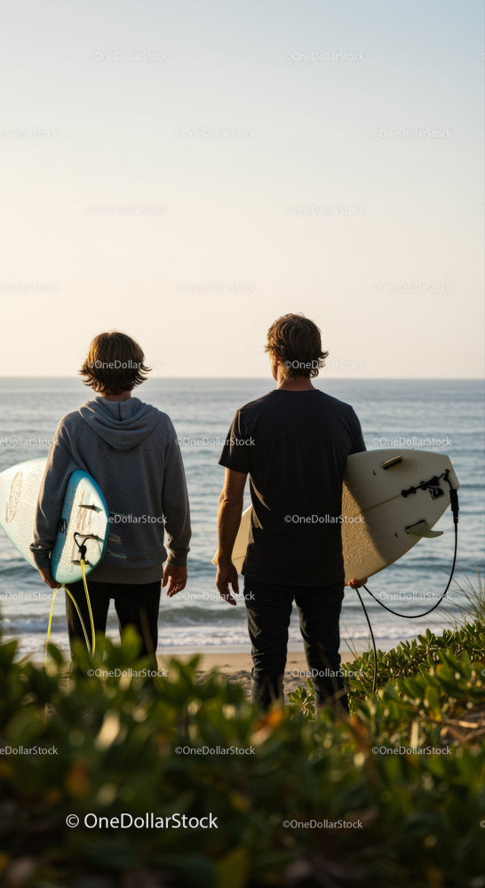 Młodzi surferzy z deskami surfingowymi cieszą się zachodem słońca nad oceanem