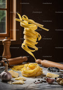 Fresh pasta flying over rustic kitchen counter