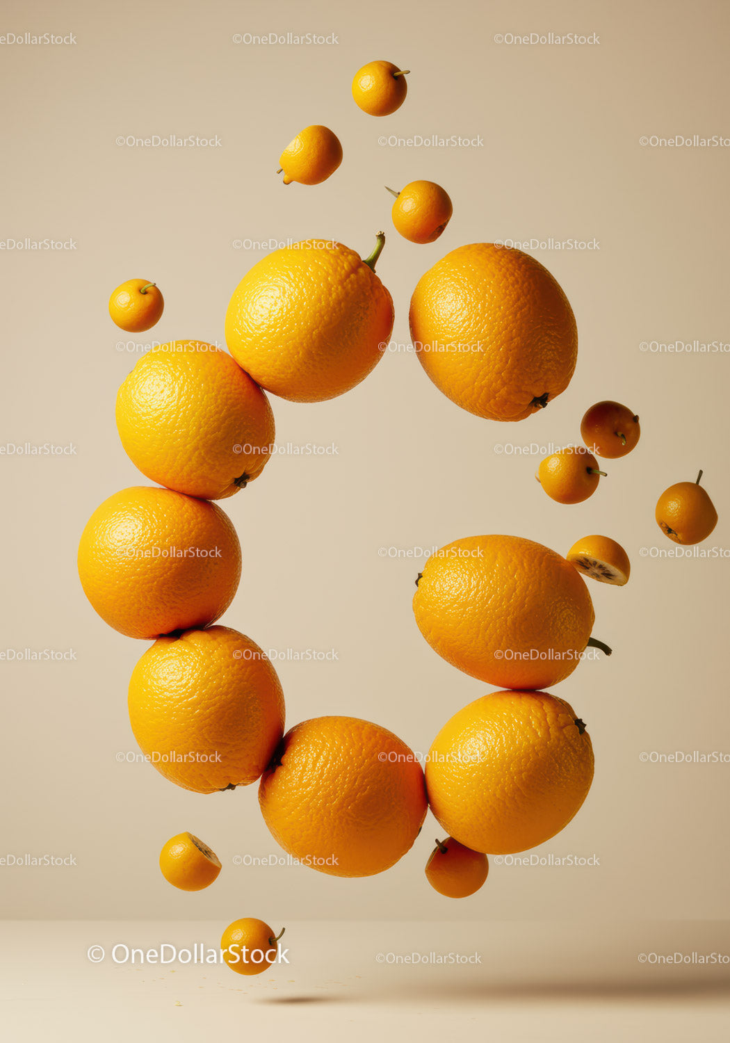 Floating citrus fruits forming a dynamic circle