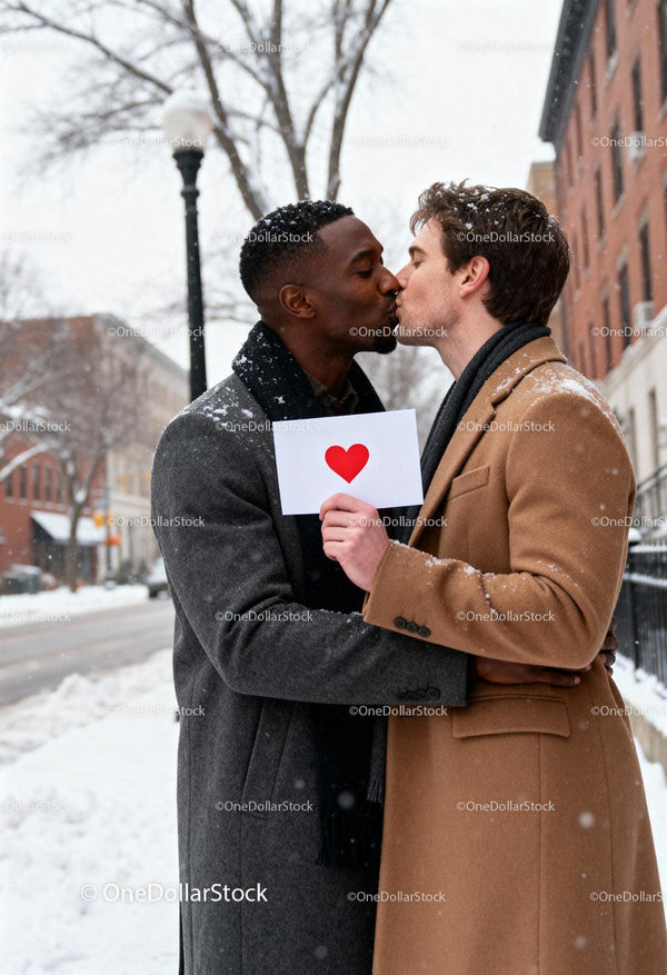 Affectionate same-sex couple sharing a romantic kiss outdoors