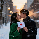 Couple Sharing a Kiss Holding Valentine Letter Outdoors