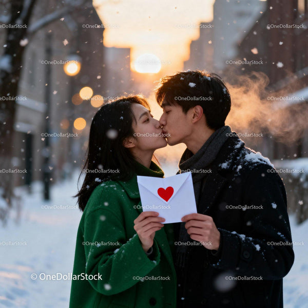 Couple Sharing a Kiss Holding Valentine Letter Outdoors