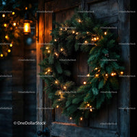 Rustic Christmas wreath glowing with warm lights on door