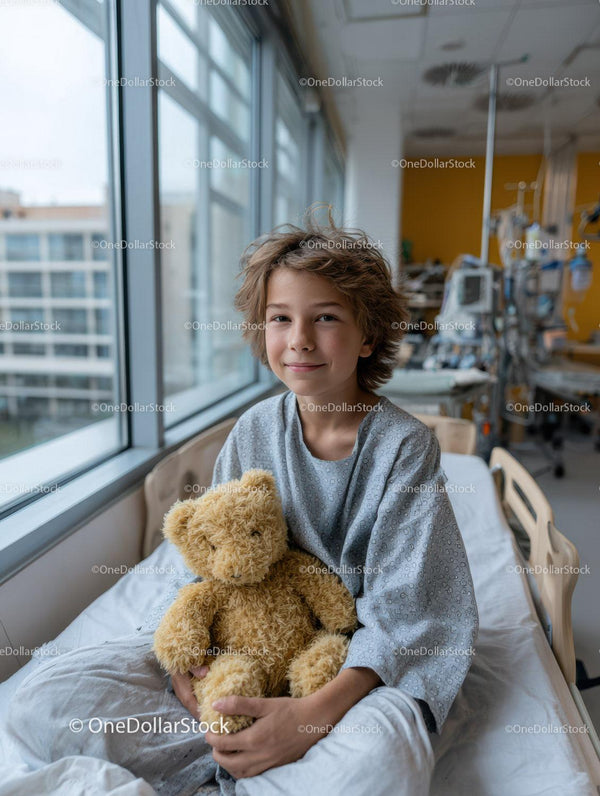 Child Patient with Teddy Bear Sitting on Hospital Bed in Pediatric Ward