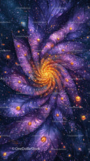 Vibrant Purple and Yellow Cosmic Spiral with Glowing Particles