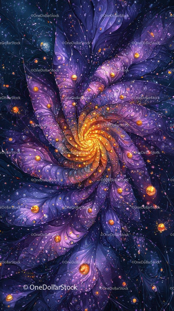 Vibrant Purple and Yellow Cosmic Spiral with Glowing Particles