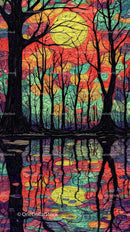 Colorful Sunset with Silhouetted Trees and Reflection in Water