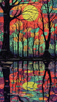 Colorful Sunset with Silhouetted Trees and Reflection in Water