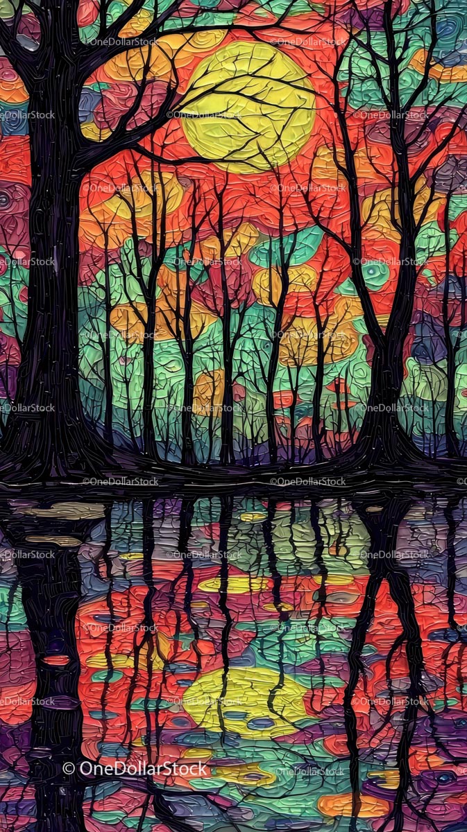 Colorful Sunset with Silhouetted Trees and Reflection in Water