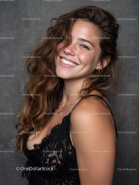 Confident Young Woman Smiling in Black Lace Dress for Portraits