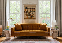Modern cozy living room with mustard velvet sofa