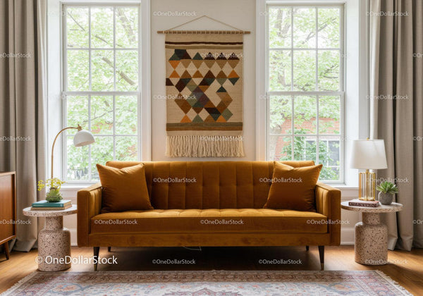 Modern cozy living room with mustard velvet sofa