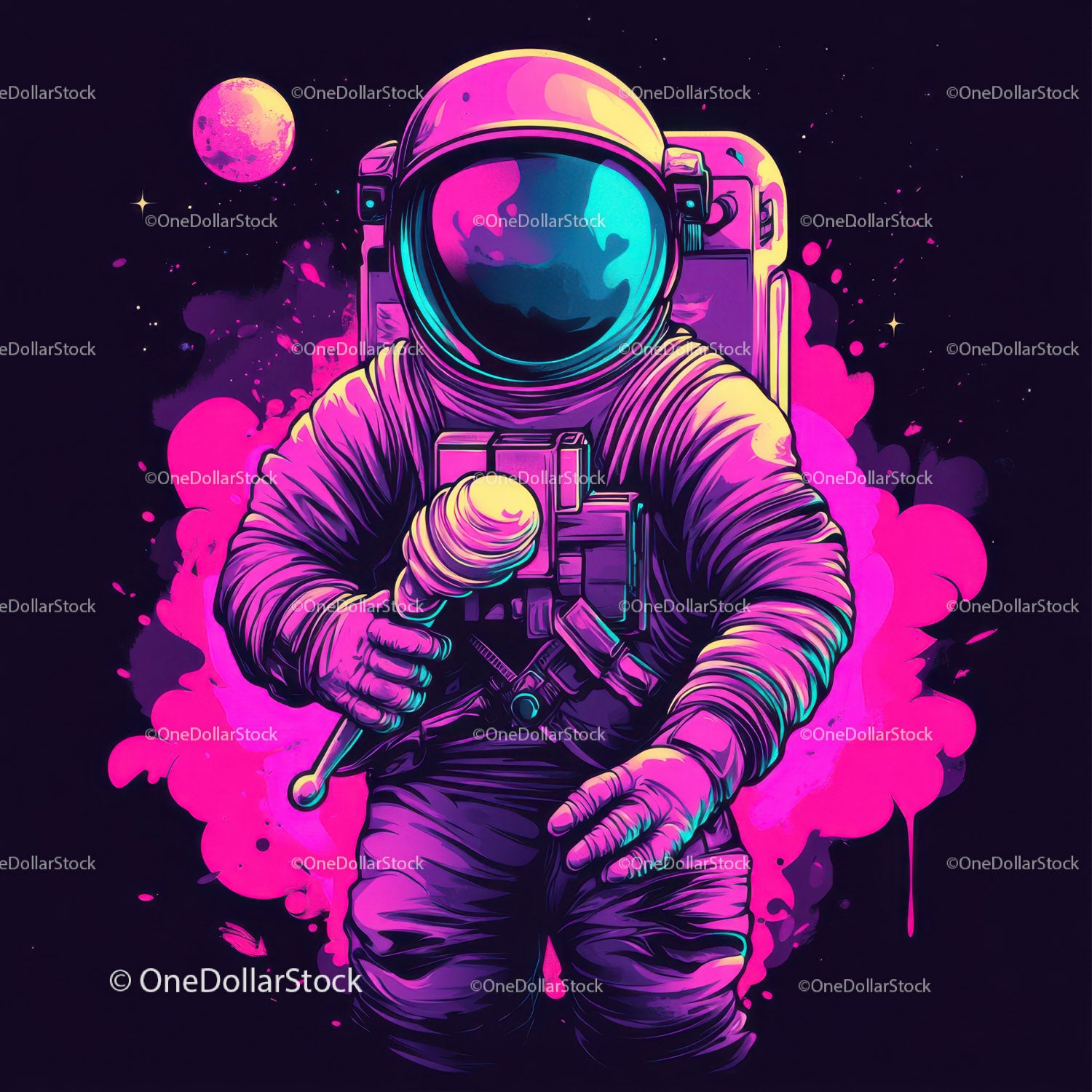 Colorful Astronaut Holding Ice Cream in Space with Galaxy Reflection