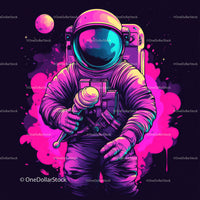 Colorful Astronaut Holding Ice Cream in Space with Galaxy Reflection