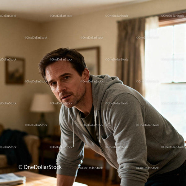 Contemplative young man leaning on wooden table indoors