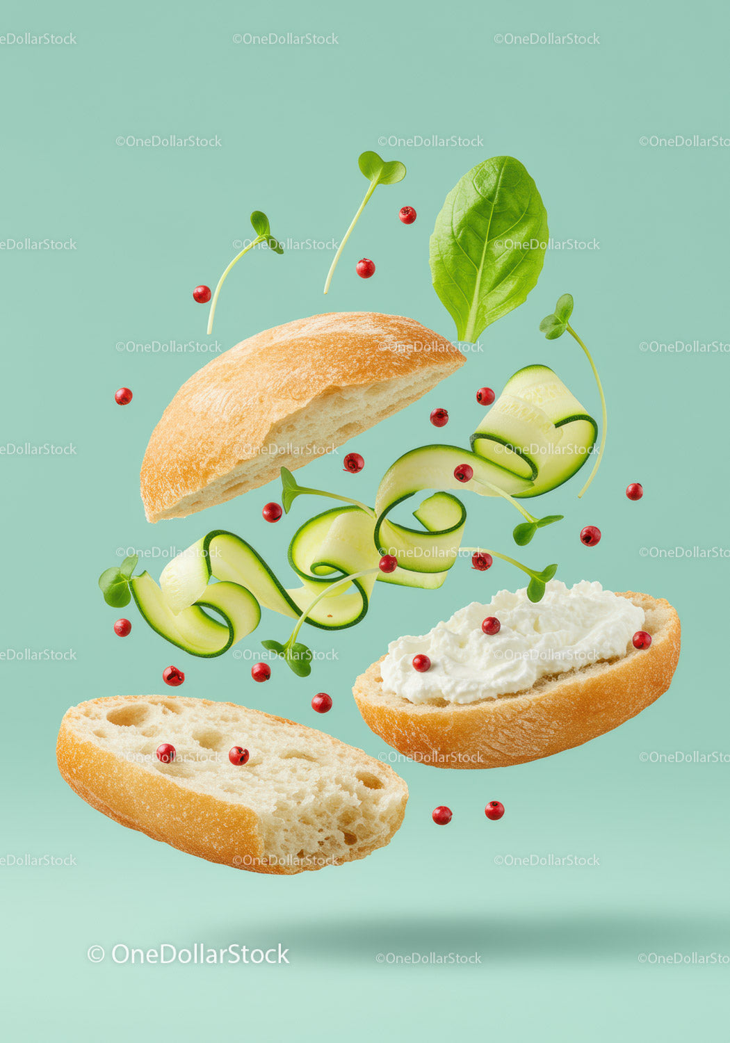 Fresh sandwich ingredients floating with cream cheese and cucumber