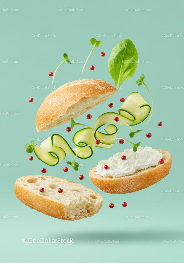 Fresh sandwich ingredients floating with cream cheese and cucumber