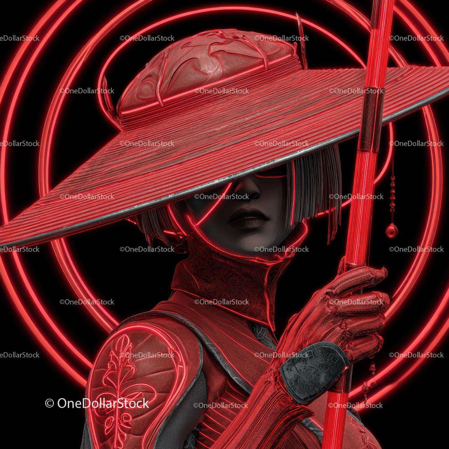 Futuristic Samurai in Neon Red Armor Holding Umbrella