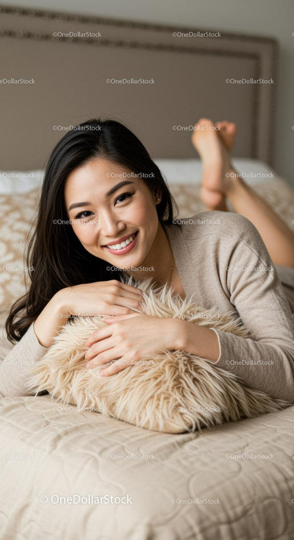 Smiling woman relaxing on bed with fluffy pillow