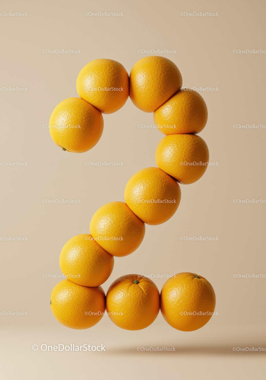 Number Two Composed of Fresh Oranges on Neutral Background