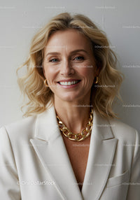 Elegant Smiling Woman in White Blazer with Gold Jewelry