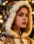 Young woman in ornate fur-lined festive hooded coat