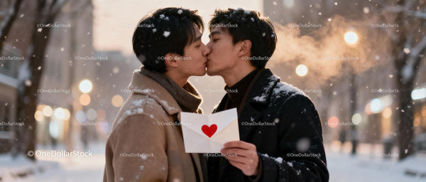 Young couple sharing a romantic kiss in winter snow