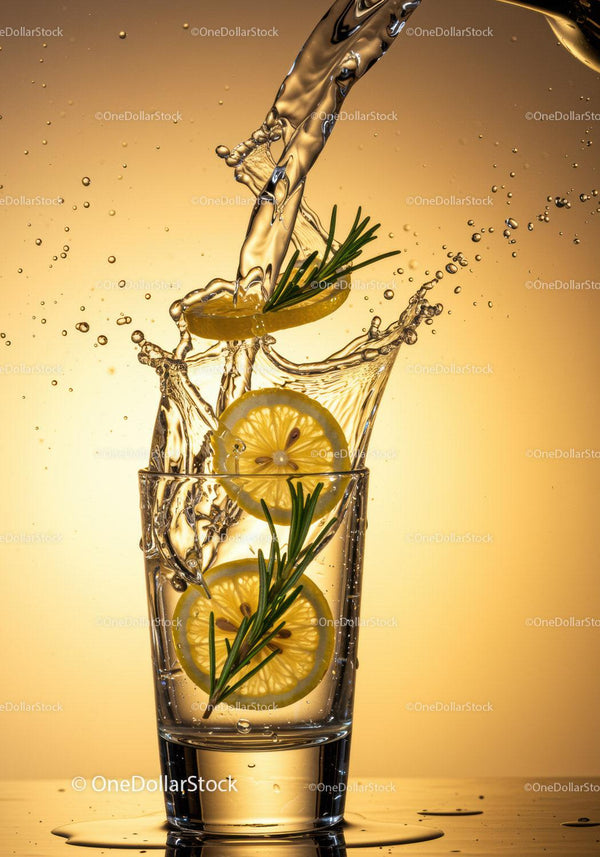 Refreshing lemon and rosemary splash in glass of water