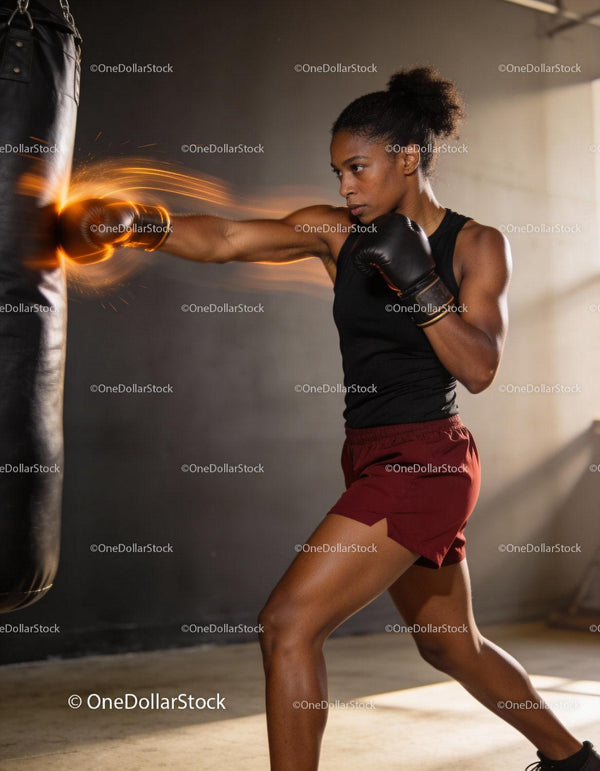Focused female boxer punching a heavy bag intensely