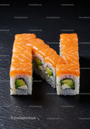 Fresh salmon avocado sushi rolls on dark slate surface