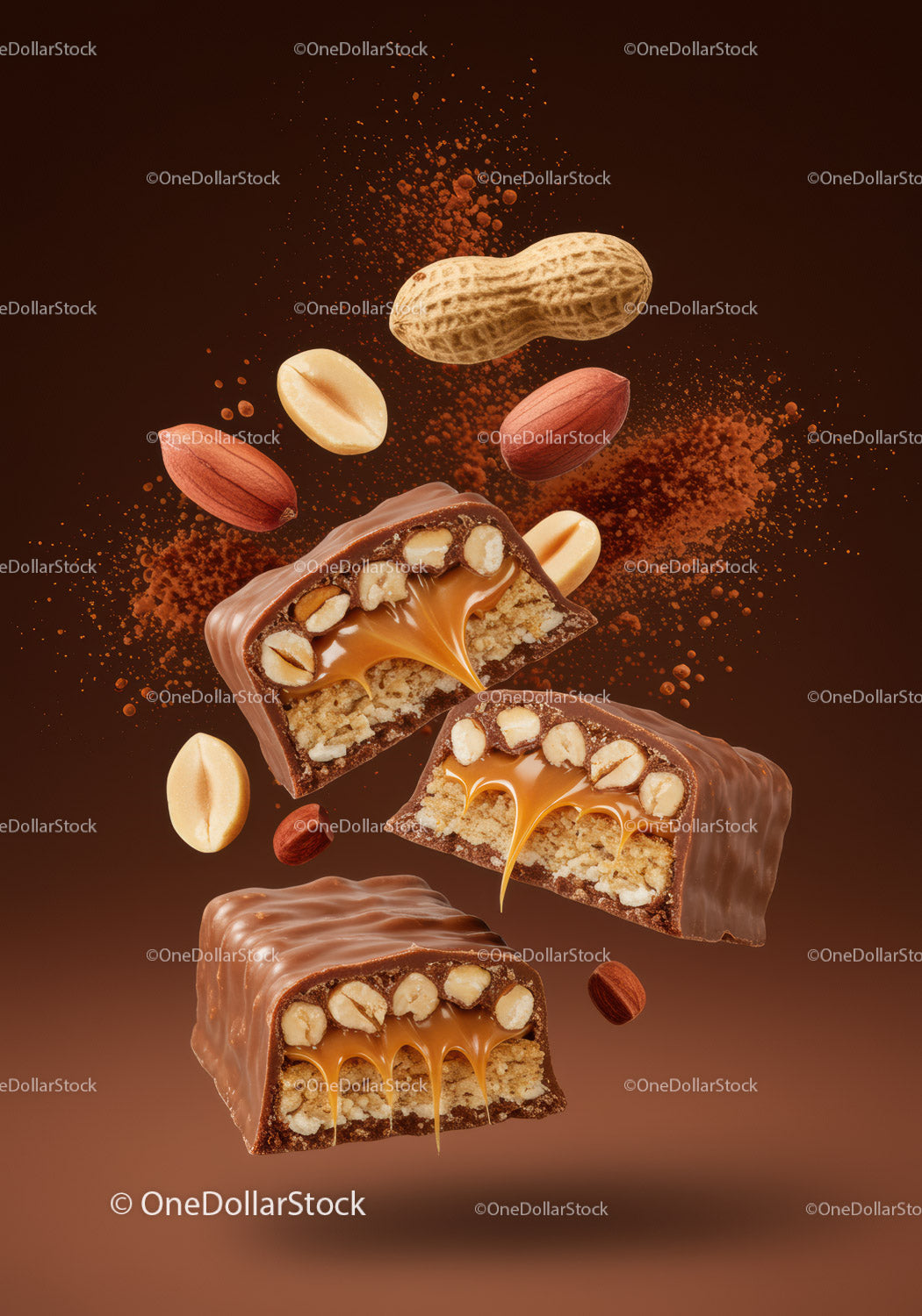 Chocolate Caramel Bars with Peanuts in Dynamic Composition