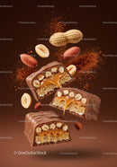 Chocolate Caramel Bars with Peanuts in Dynamic Composition