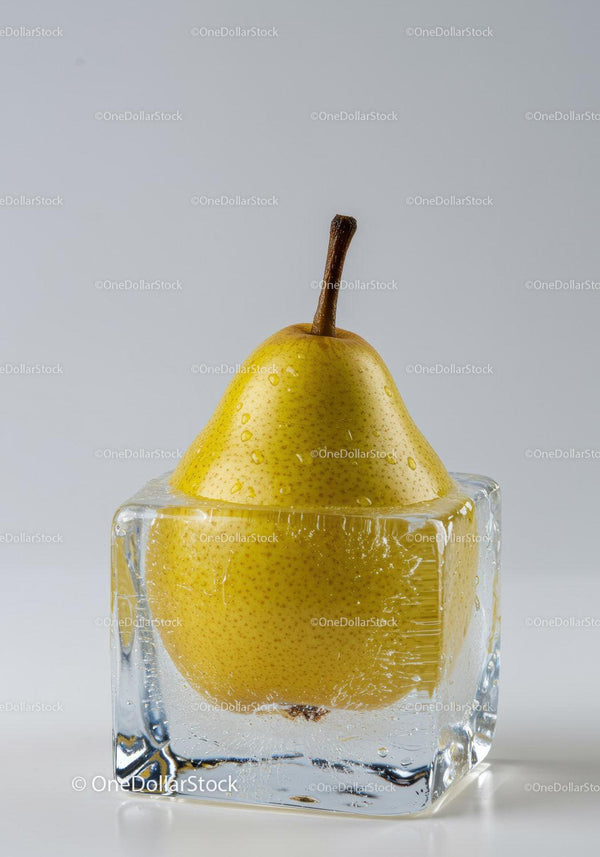 Fresh yellow pear frozen inside a clear ice cube