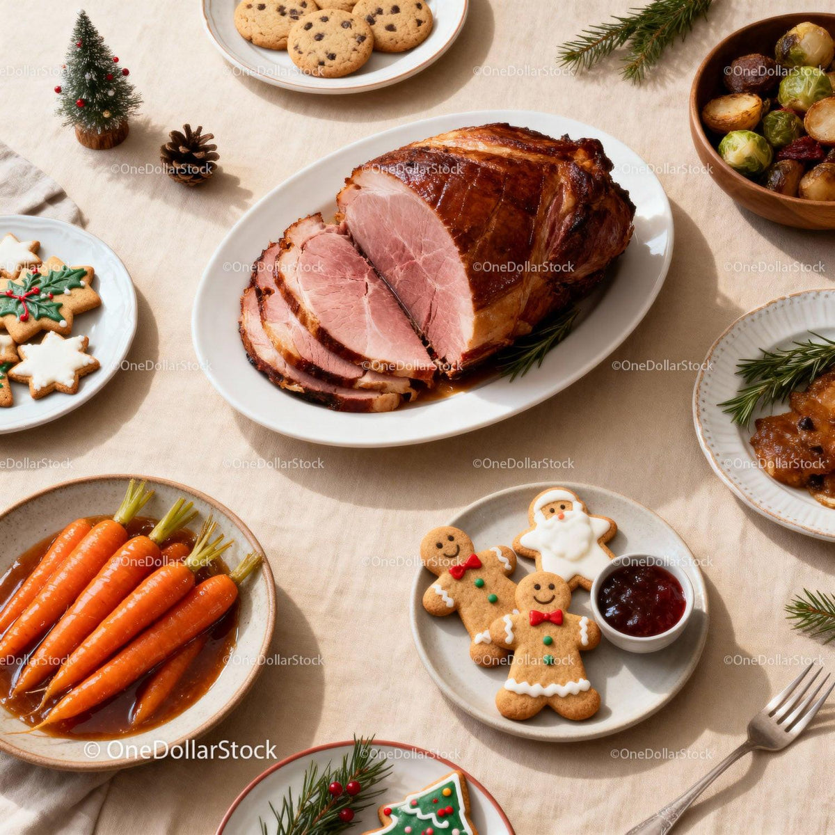 Festive holiday meal with glazed ham and Christmas cookies