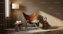 Cozy leather butterfly chair corner with warm lighting