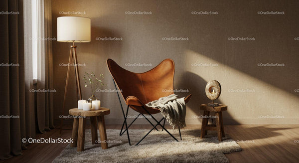 Cozy leather butterfly chair corner with warm lighting