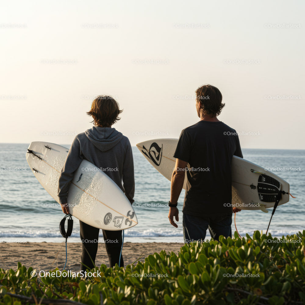 Young Surfers Holding Surfboards Watching the Sea at Sunset