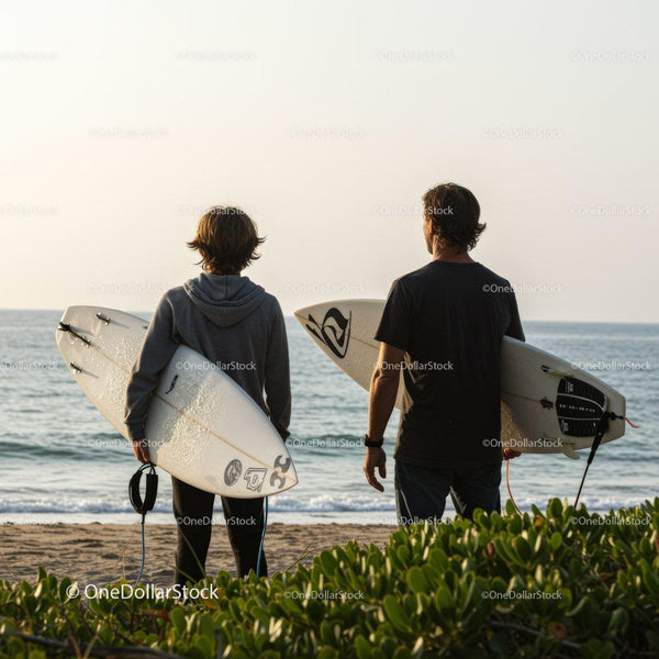Young Surfers Holding Surfboards Watching the Sea at Sunset