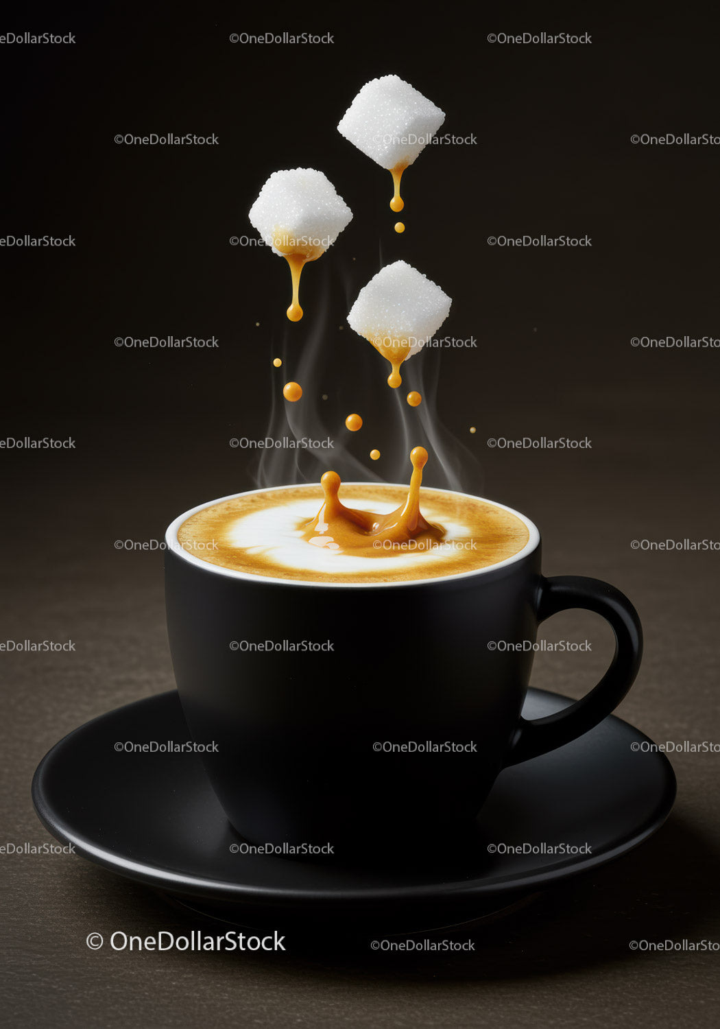 Sugar cubes dripping caramel over steaming coffee cup
