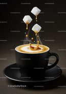 Sugar cubes dripping caramel over steaming coffee cup