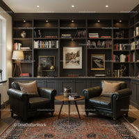 Cozy reading nook with leather armchairs and bookshelf