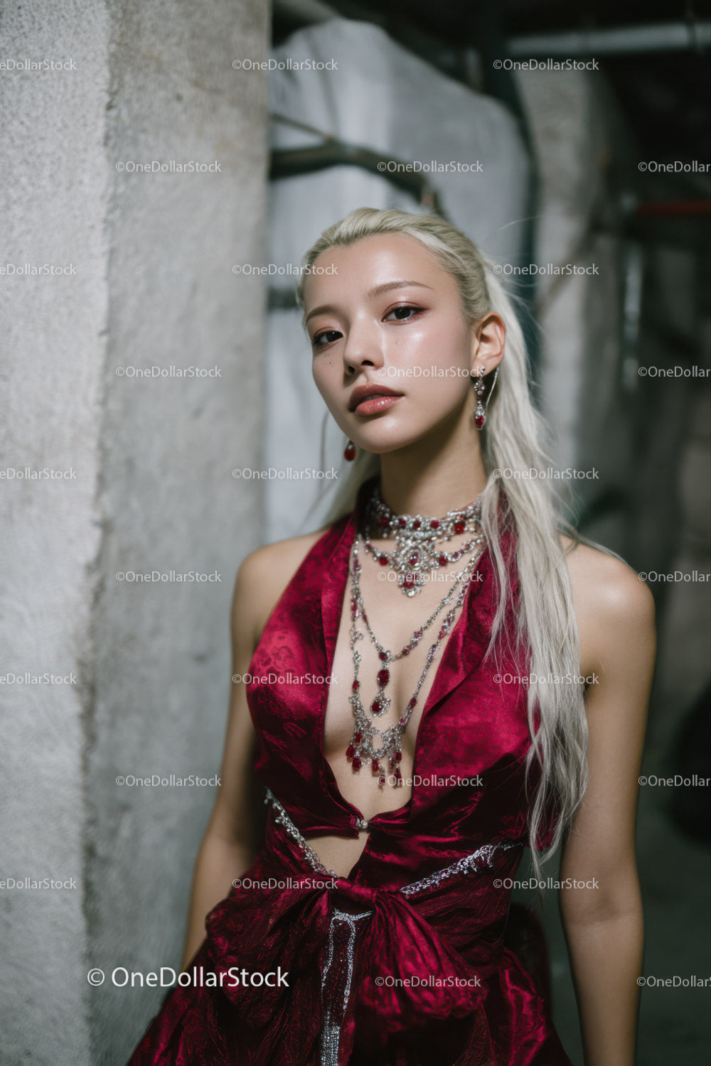 Glamorous Woman Wearing Elegant Jewelry and Red Dress