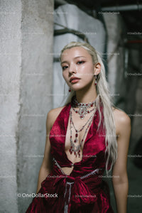 Glamorous Woman Wearing Elegant Jewelry and Red Dress