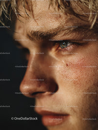 Intimate Close-Up of Human Face with Water Droplets and Focused Expression