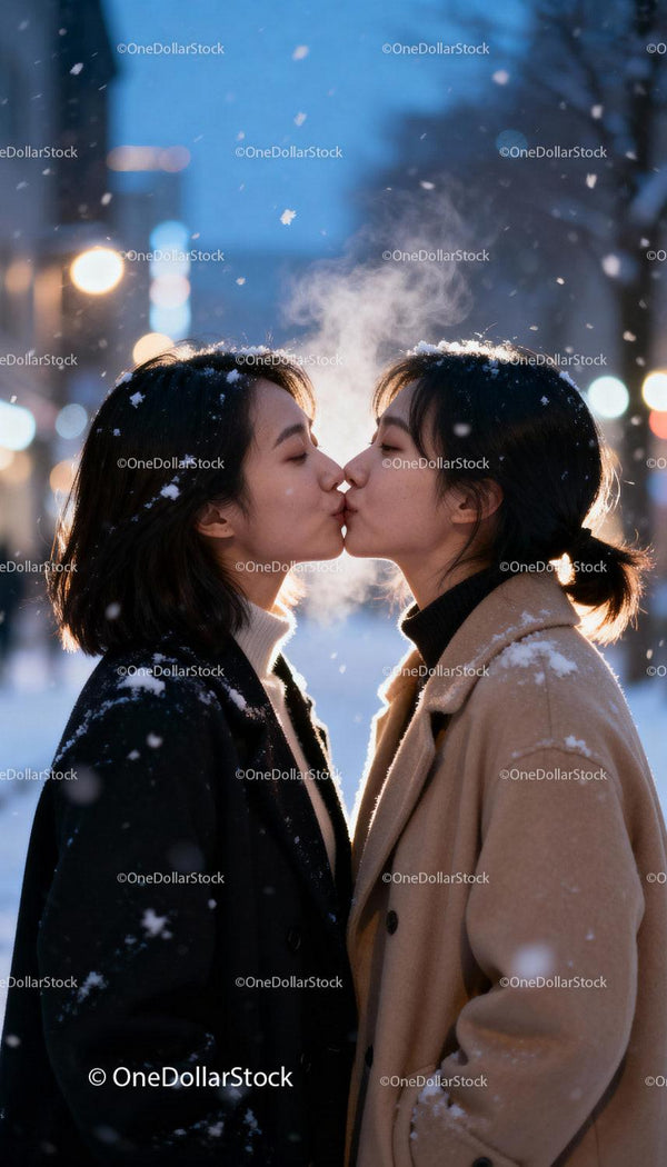 Couple sharing a tender kiss in snowy winter evening