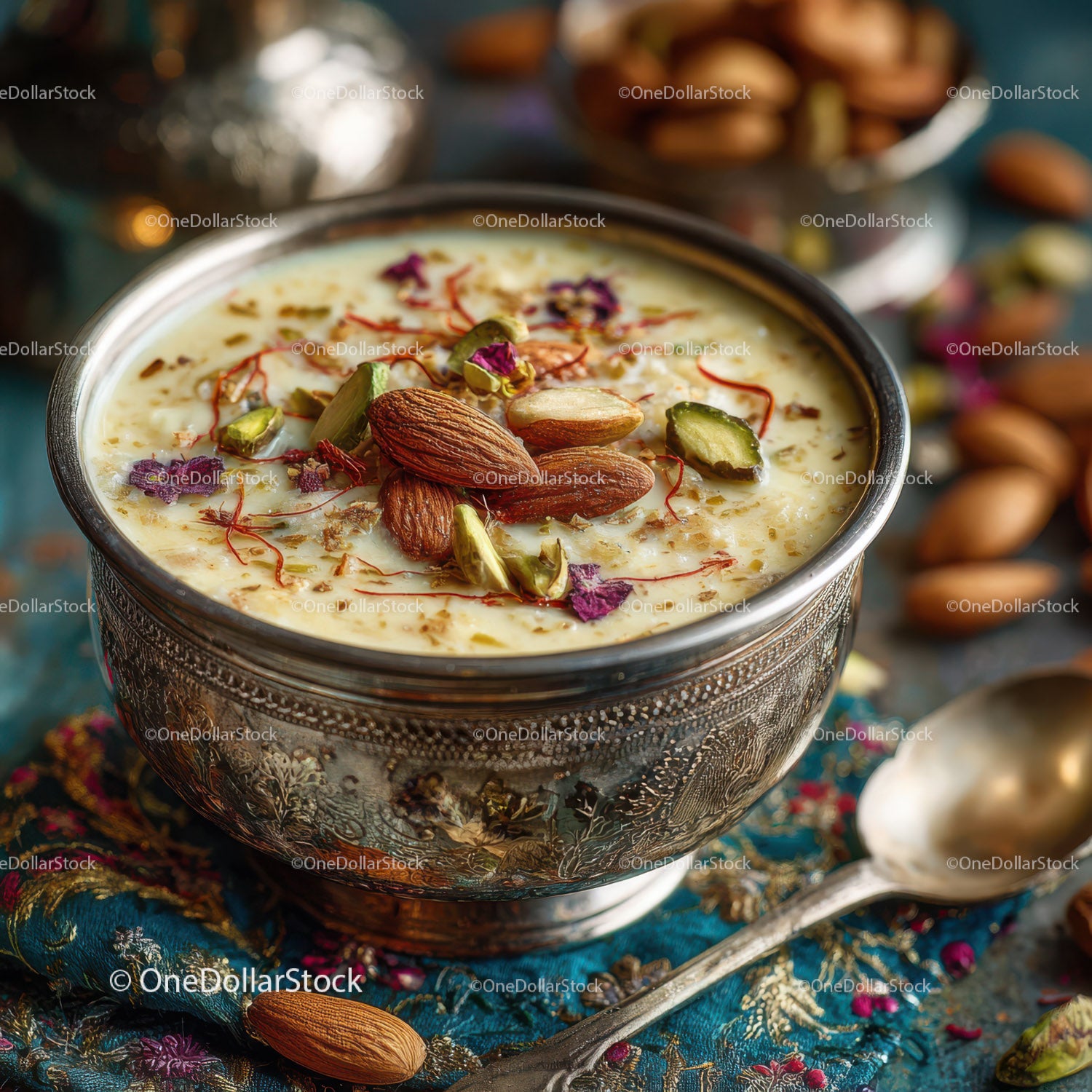Rich Indian Saffron Cardamom Dessert in Silver Bowl